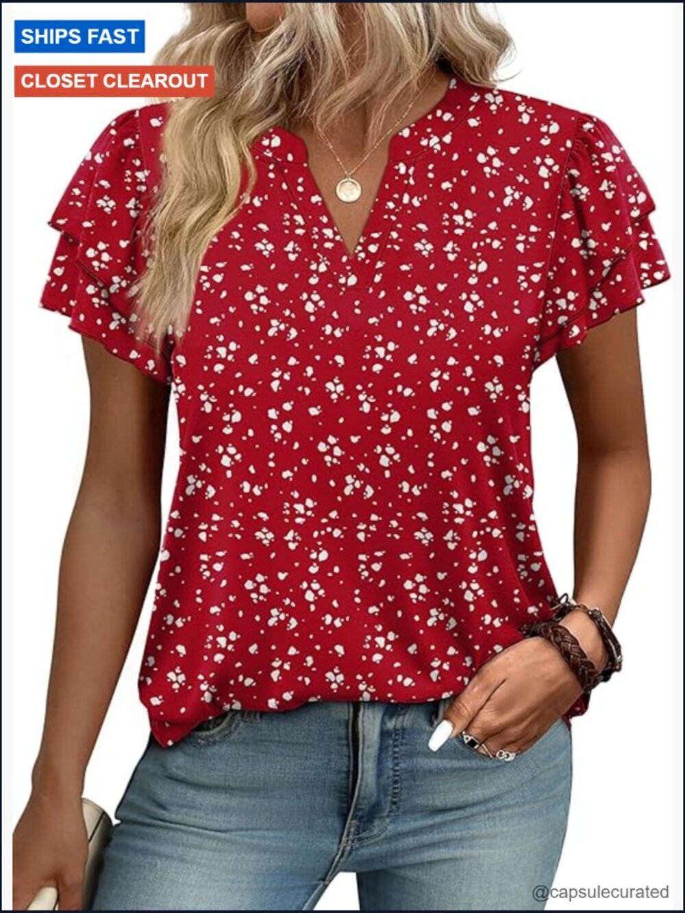 Flutter Sleeve V Neck Blouse Dressy Casual Short Sleeve Peasant Top